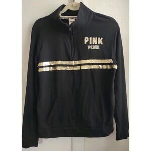 Victorias Secret XS PINK 1/4 Zip Sweatshirt Black Gold Sequins Pullover